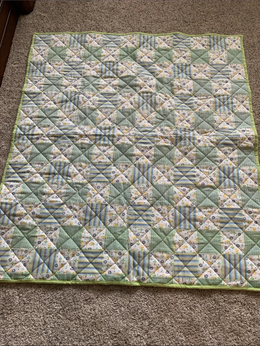 Green Patchwork Baby Quilt - Soft Floral & Stripe Nursery Quilt